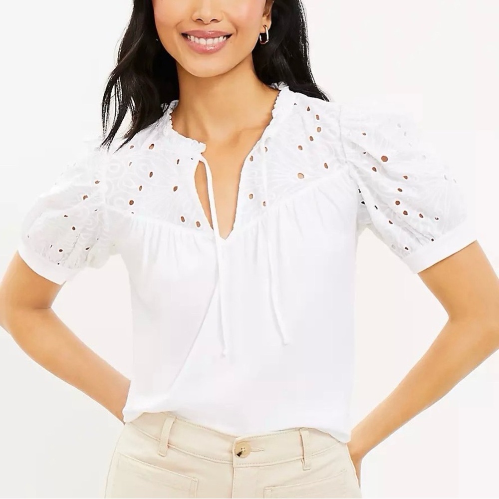 PETITE Large LOFT Eyelet Tie Neck Short Puff Sleeve Blouse T-shirt White